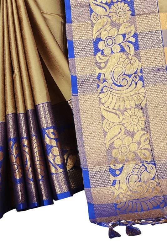 Vamika Banarasi Cotton Silk Weaving Brown Saree (DOCTOR MOR CHIKU) | Swadesiicart