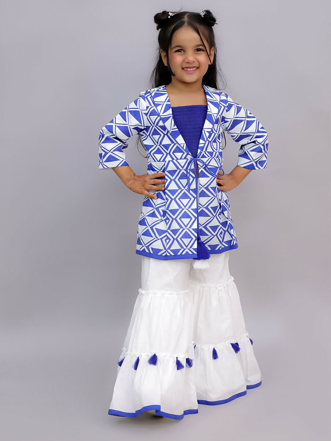 Lil Drama Shor-Gul Blue Kurta Sharara and Bustier Set For Girls | Swadesiicart