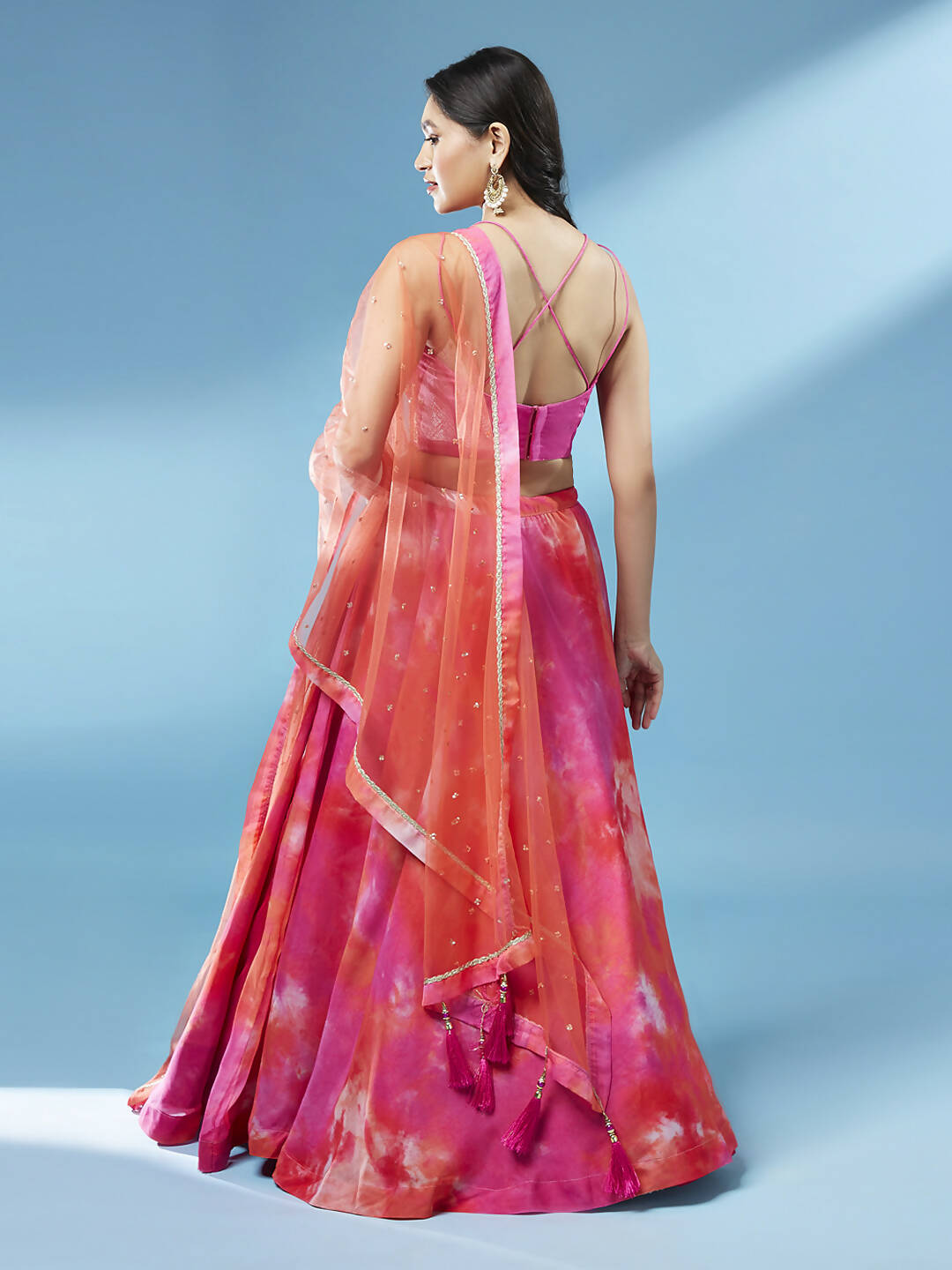 House of Panchhi Orange Organza Shibori Printed Lehenga choli & Dupatta | Swadesiicart