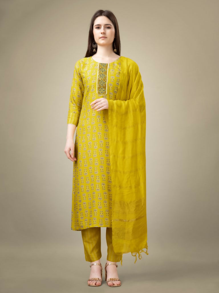 Jyoti Fashion Women's Yellow Rayon Embroidery & Sequence work Kurta with Trouser & Dupatta | Swadesiicart