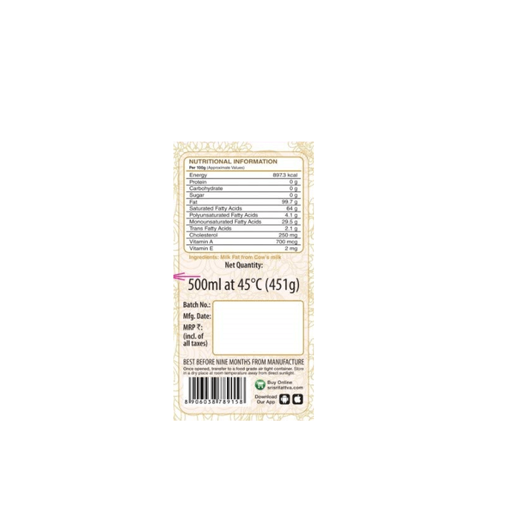 Sri Sri Tattva Cow’s Premium Ghee Ingredients