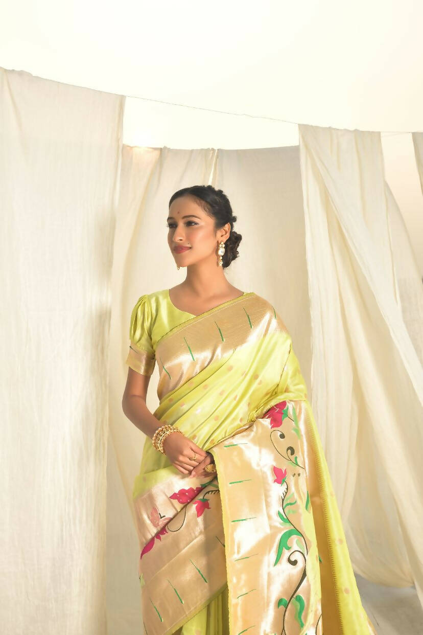 Vishnu Weaves Women's Pista Paithani Silk Zari Woven Saree with Unstitched Blouse - Swadesiicart
