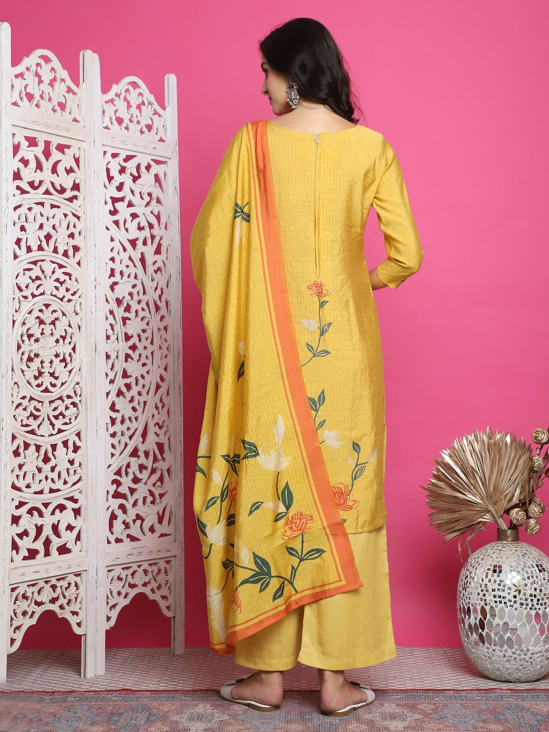 Jyoti Fashion Women's Yellow Muslin Floral Print with Jari & Crystal work Kurta with Trouser & Dupatta | Swadesiicart
