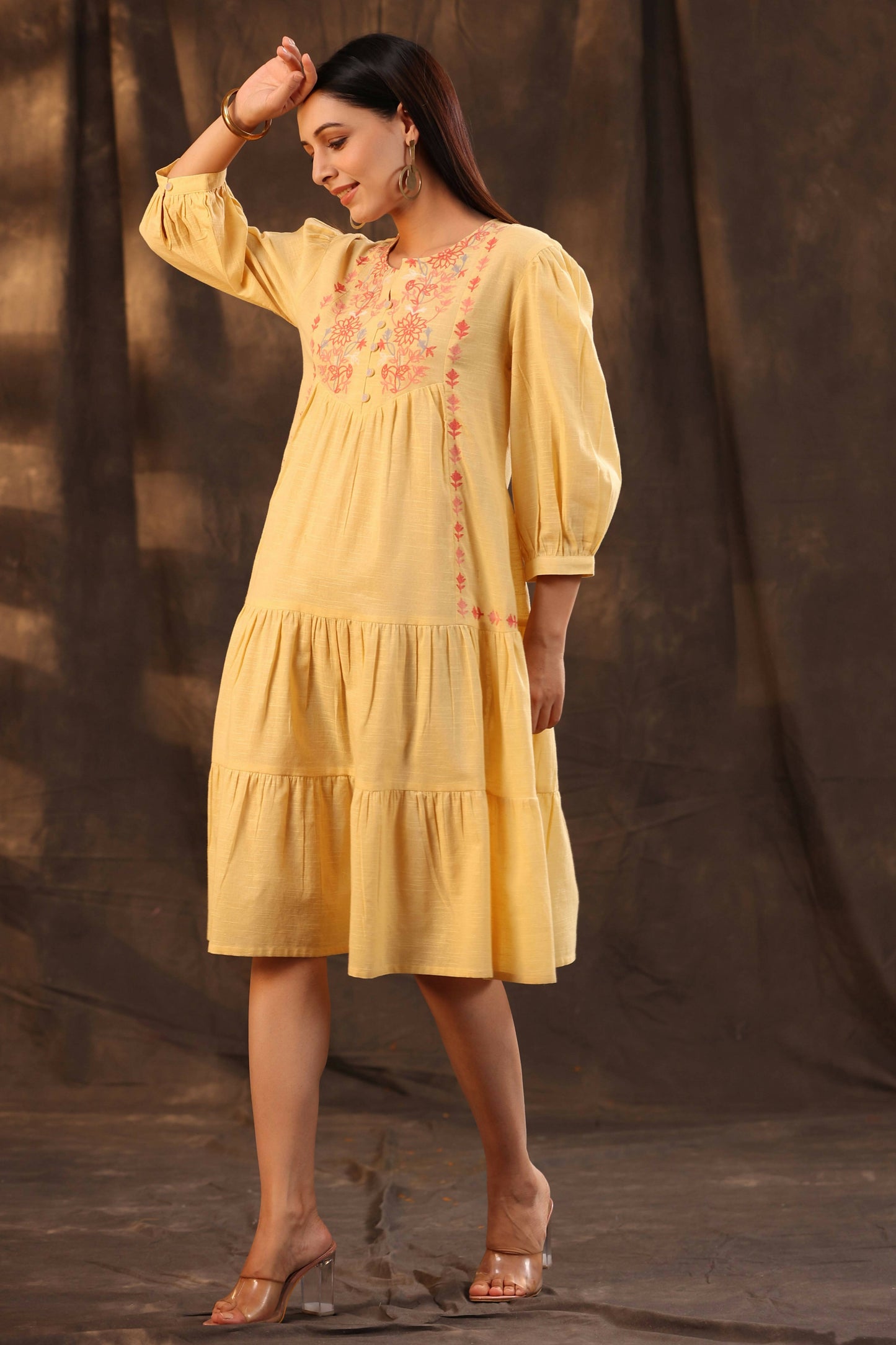 Juniper Women's Yellow Cotton Slub Solid Embroidered Tiered Dress | Swadesiicart