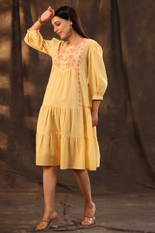 Juniper Women's Yellow Cotton Slub Solid Embroidered Tiered Dress | Swadesiicart