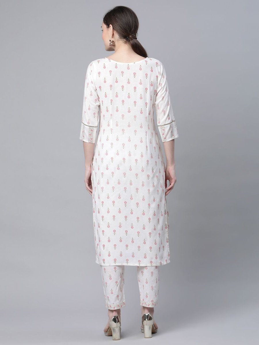 Ahalyaa Women White Pure Cotton Printed Kurta Pant Set | Swadesiicart