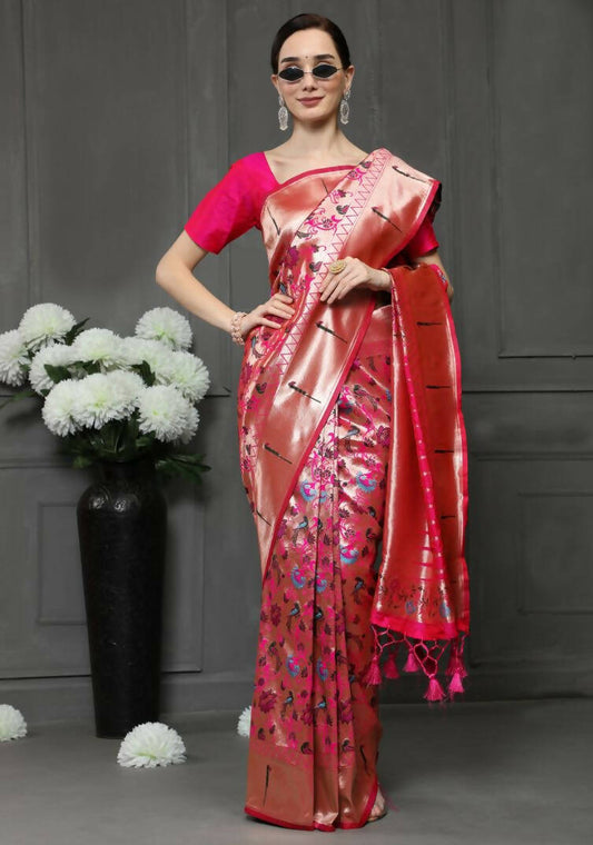 Vishnu Weaves Women's Pink Paithani Silk Zari Woven Saree with Unstitched Blouse - Swadesiicart