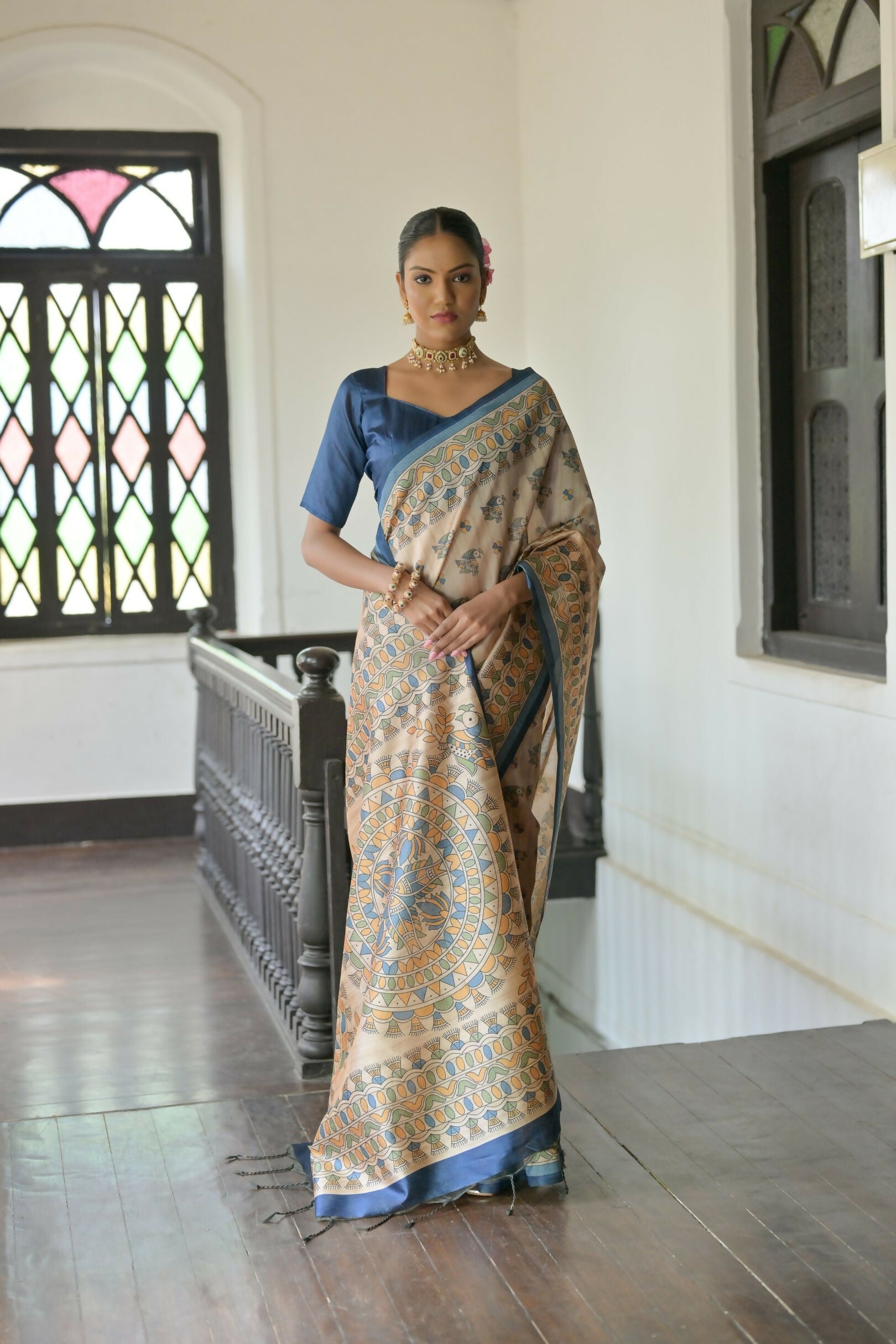 Vishnu Weaves Women's Blue Soft Tussar Silk Saree with Blouse - Swadesiicart