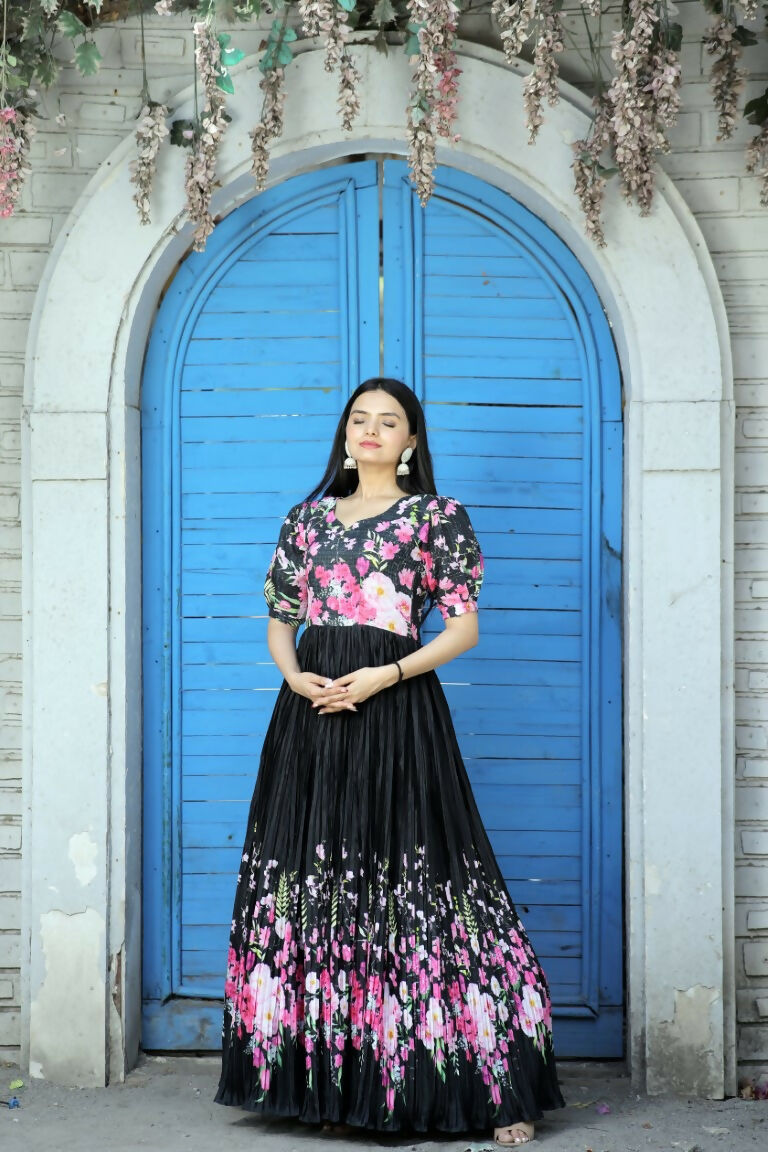 Jyoti Fashion Women's Black Floral Digital Printed Chinon Anarkali Dress | Swadesiicart