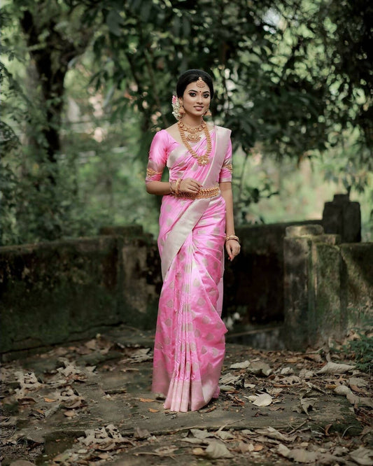 DEIANA'S Beautiful Designer Golden zari Soft Lichi Silk Saree - Baby pink - Swadesiicart