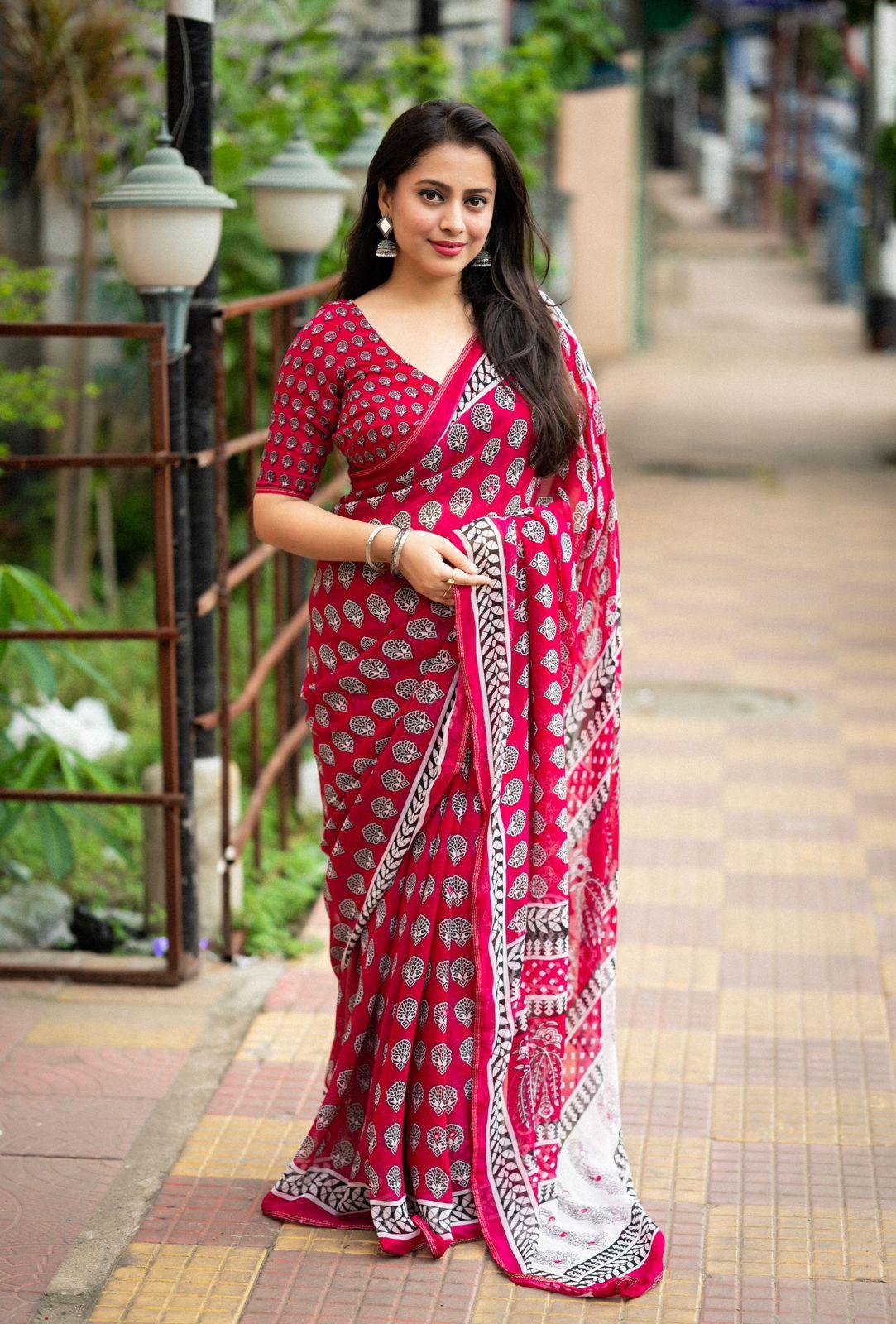 Rani Poly Georgette Ajrak Saree with Unstitched Blouse - Hiral Fashion | Swadesiicart