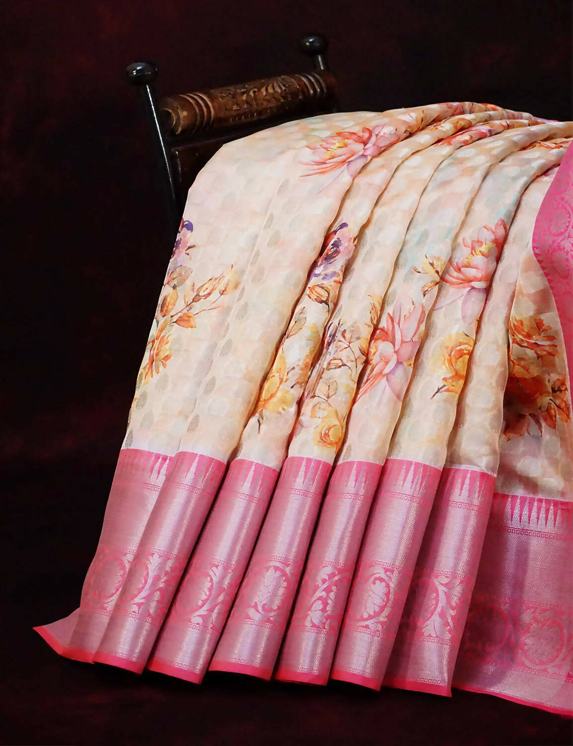 Pastel Wheat Banaras Border Buttes Floral Design Banarasi Semi Silk Saree By Gayathri Reddy Designer Studio | Swadesiicart