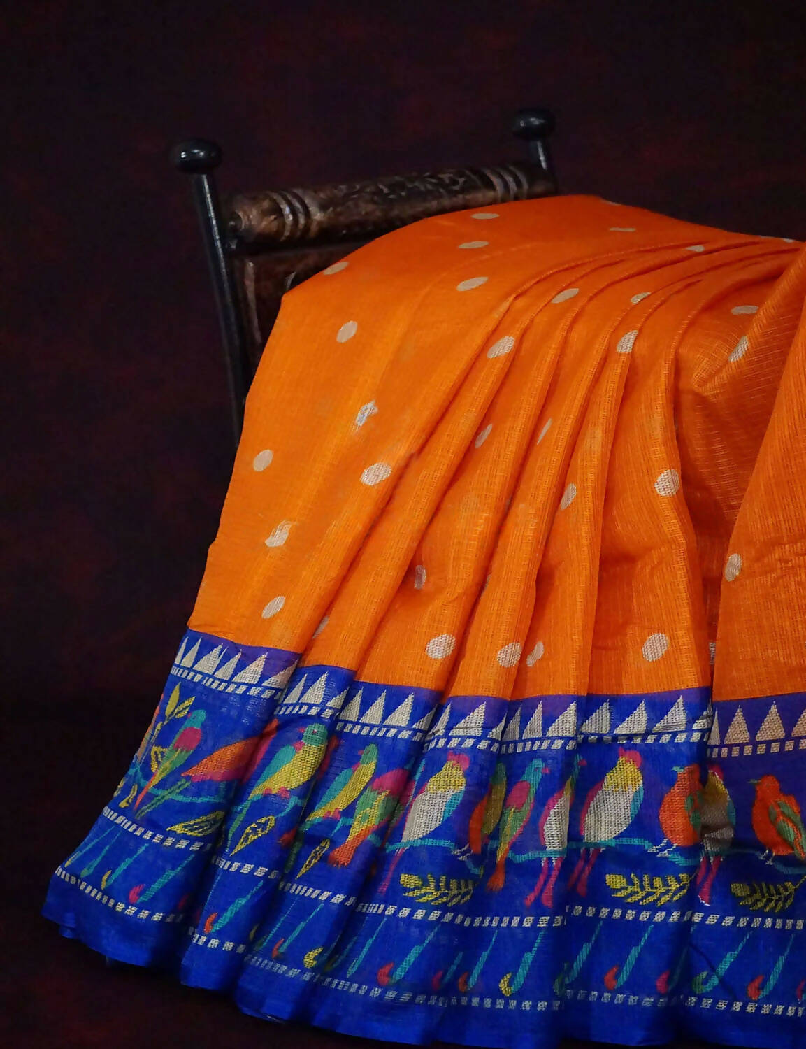 Orange Coloured Saree With Contrast Royal Blue Printed Semi Soft Silk Kota Saree By Gayathri Reddy Designer Studio | Swadesiicart