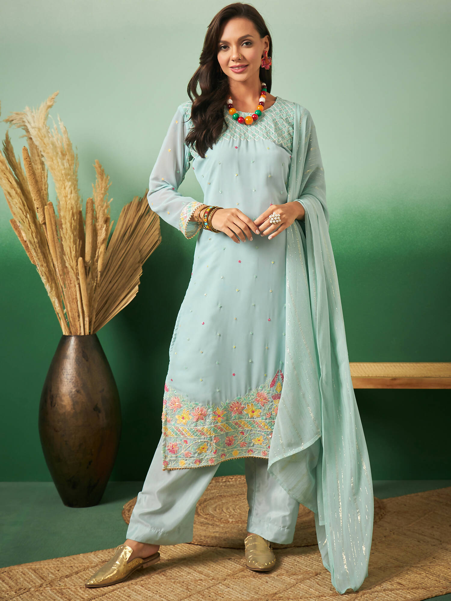 Sky Blue Georgette Handwork Unstitched Dress Material - Hanika | Swadesiicart