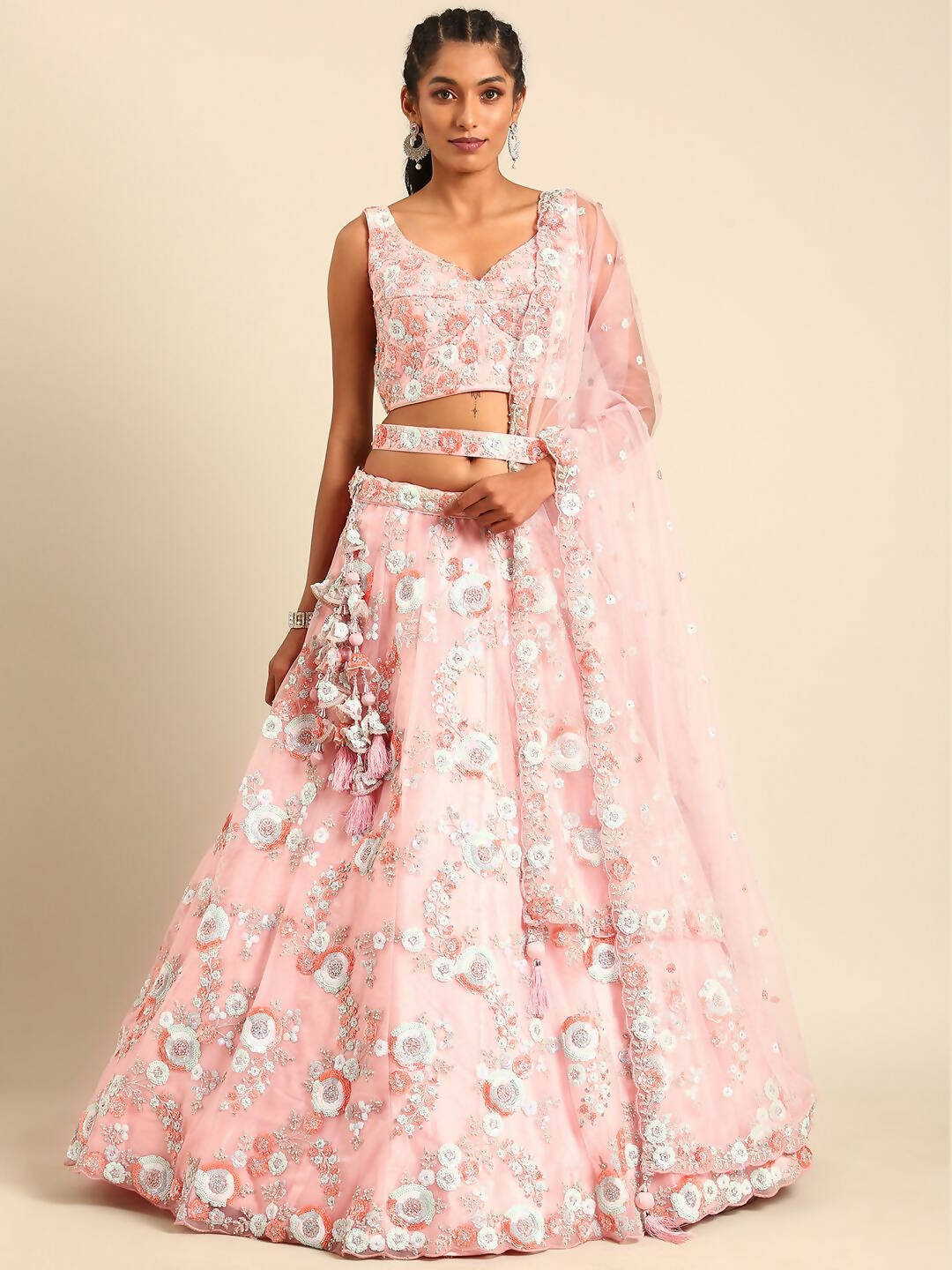 House of Panchhi Pink Net Sequins and Zarkan embroidery Lehenga choli & Dupatta | Swadesiicart