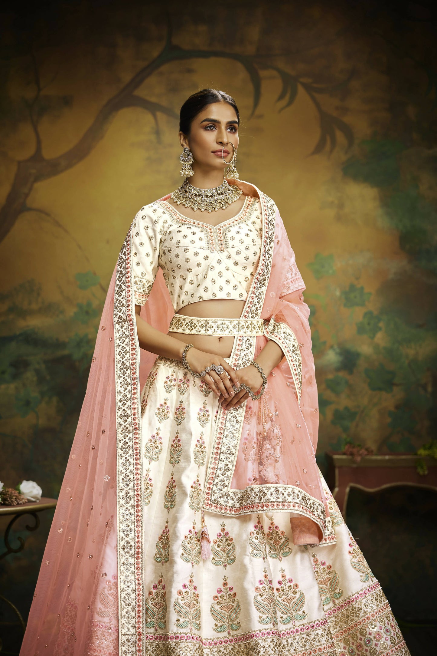 House of Panchhi Off White Pure Silk Moti & Zarkan heavy embroidery Lehenga choli & Dupatta | Swadesiicart
