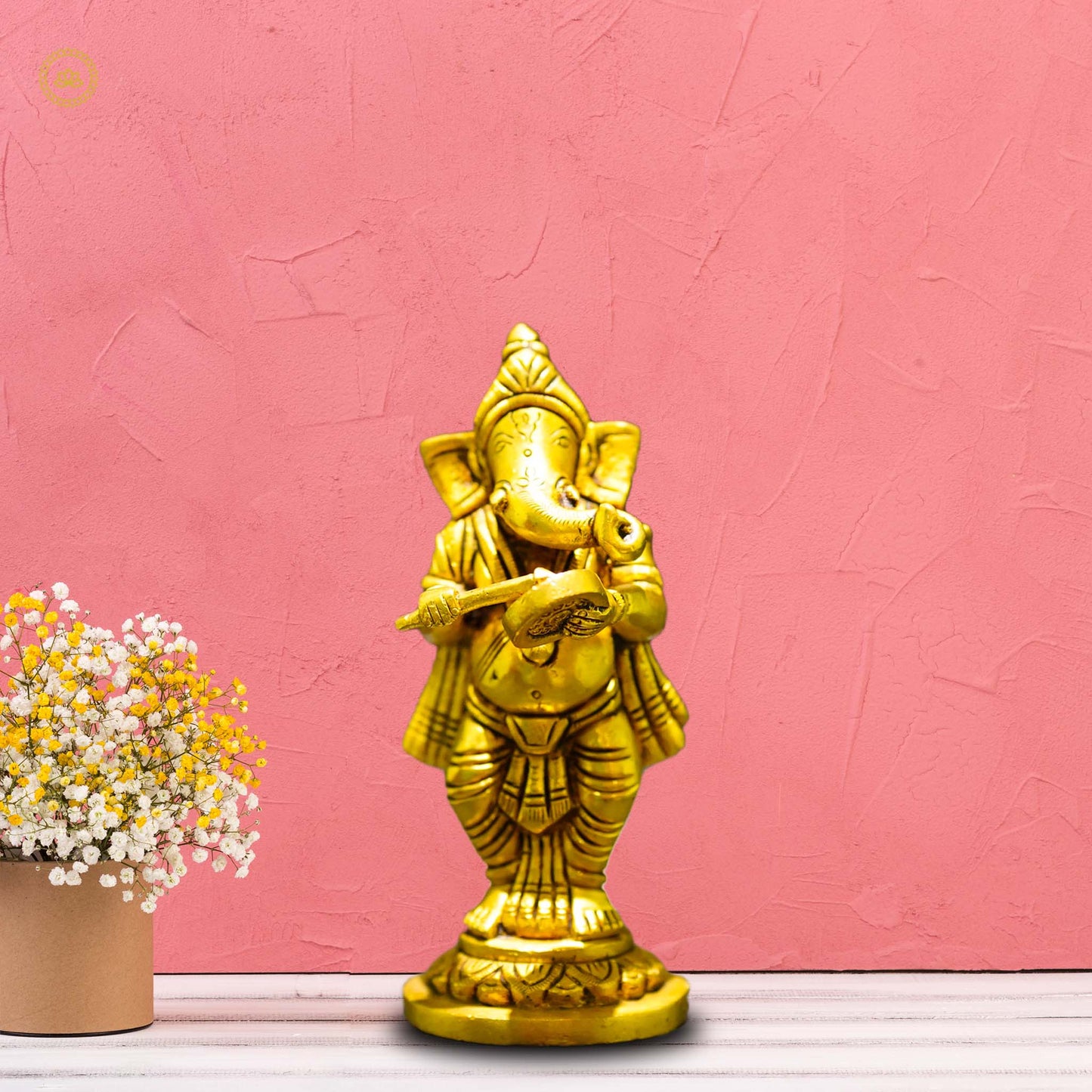 Ganesha Playing Gong Bell Brass Idol - Embrace Prosperity and Joy in Your Home - Divine India Art