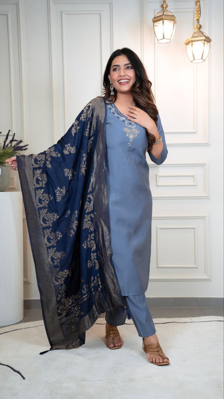 Lorenvalley Fashion Steelblue Roman Silk Hand Work Kurta Pant with Dupatta - Swadesiicart