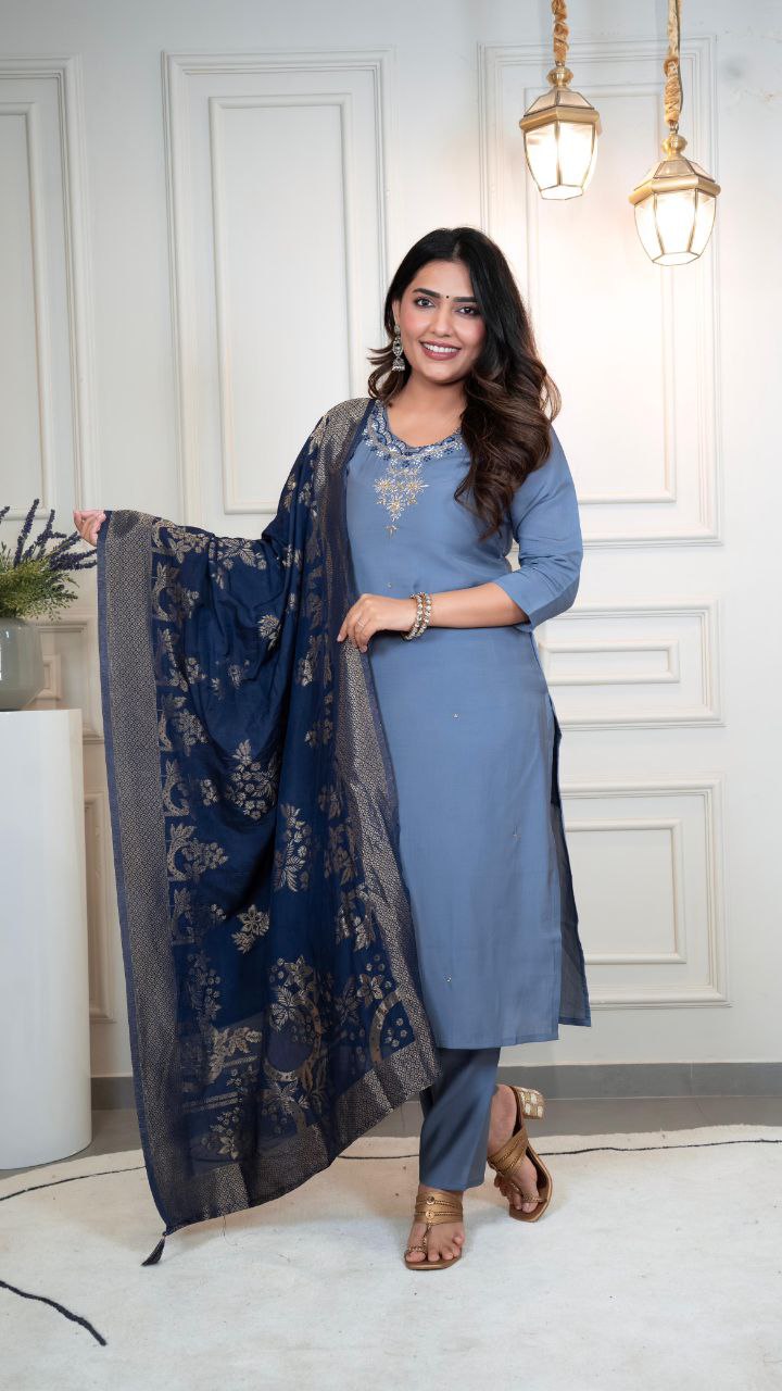 Lorenvalley Fashion Steelblue Roman Silk Hand Work Kurta Pant with Dupatta - Swadesiicart