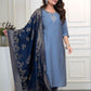 Lorenvalley Fashion Steelblue Roman Silk Hand Work Kurta Pant with Dupatta - Swadesiicart