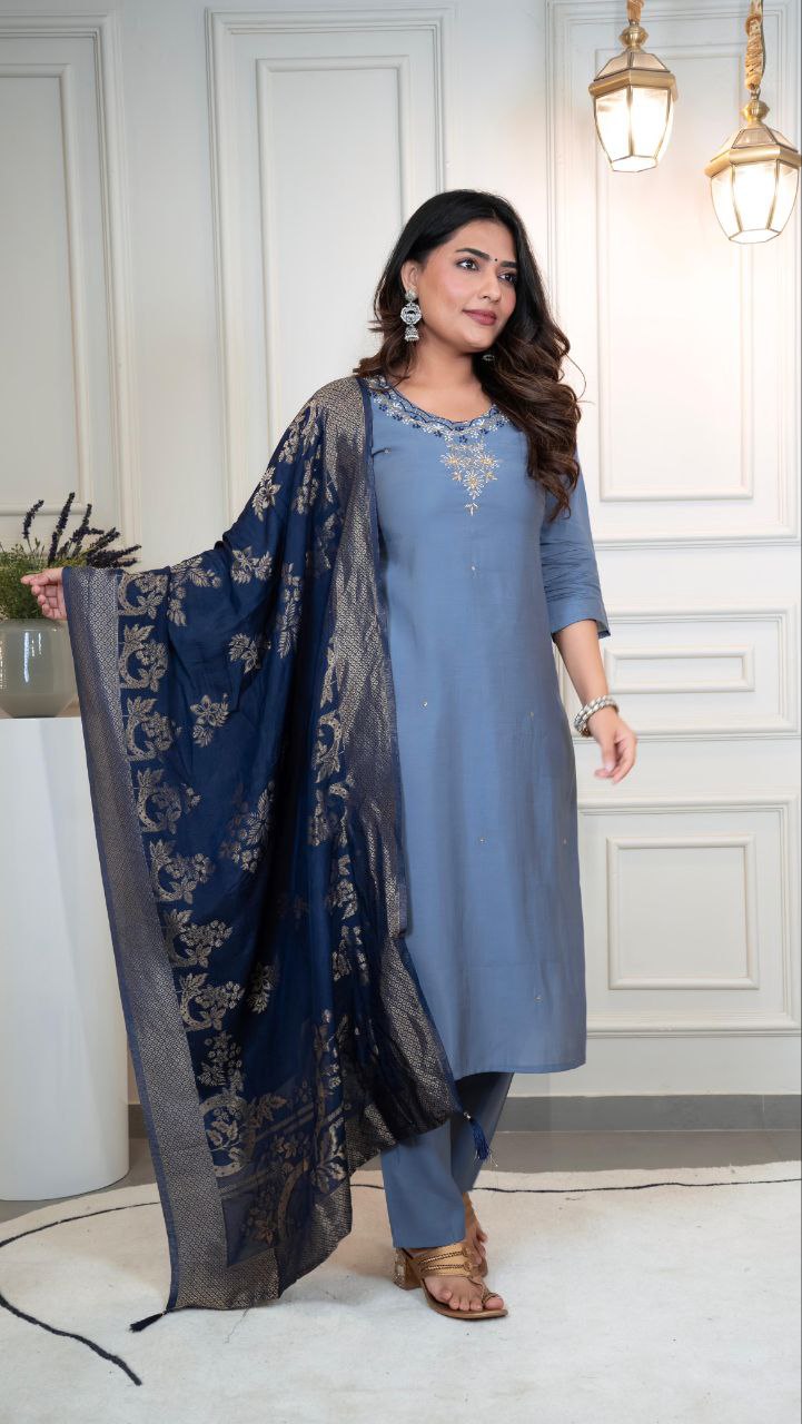 Lorenvalley Fashion Steelblue Roman Silk Hand Work Kurta Pant with Dupatta - Swadesiicart