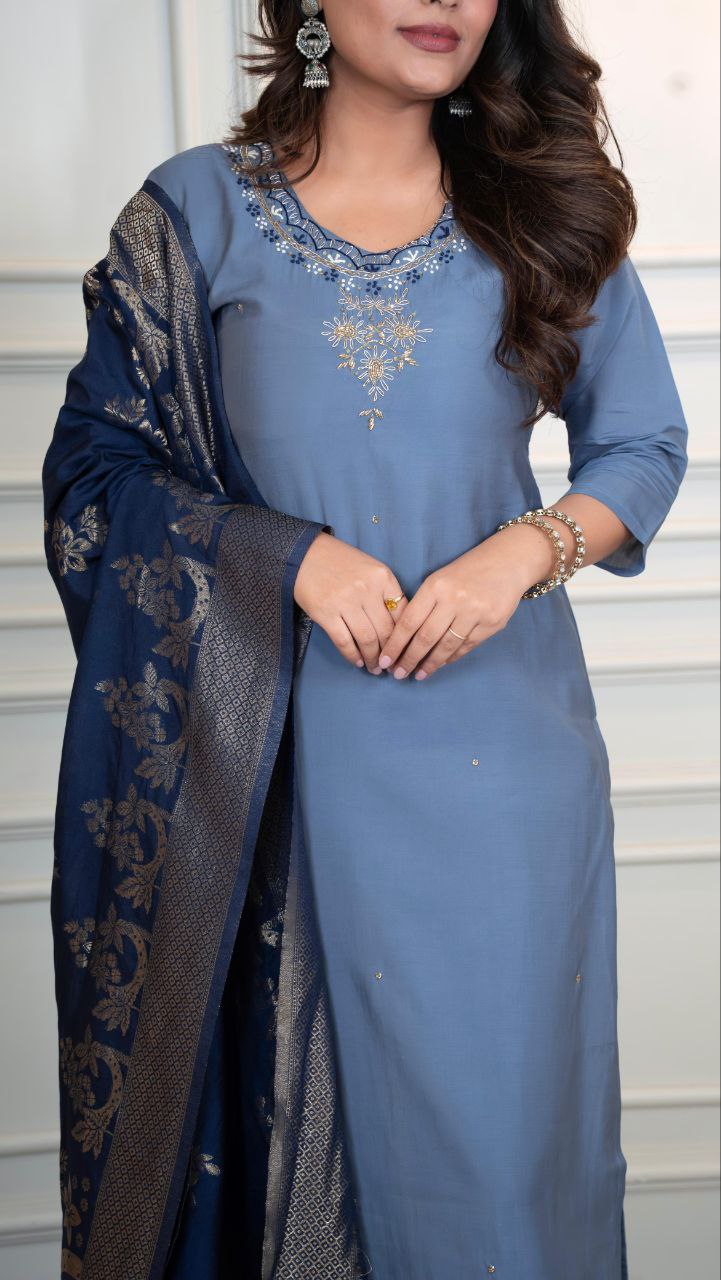 Lorenvalley Fashion Steelblue Roman Silk Hand Work Kurta Pant with Dupatta - Swadesiicart