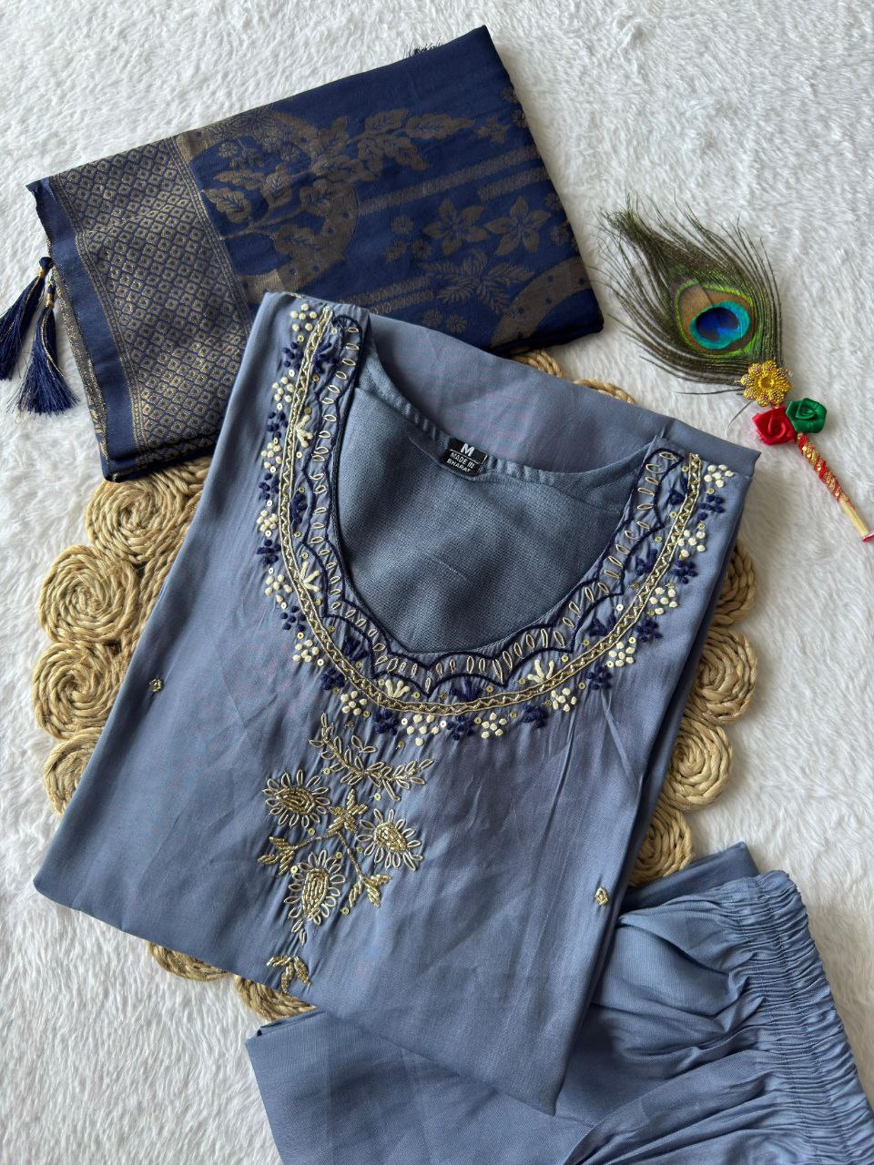 Lorenvalley Fashion Steelblue Roman Silk Hand Work Kurta Pant with Dupatta - Swadesiicart