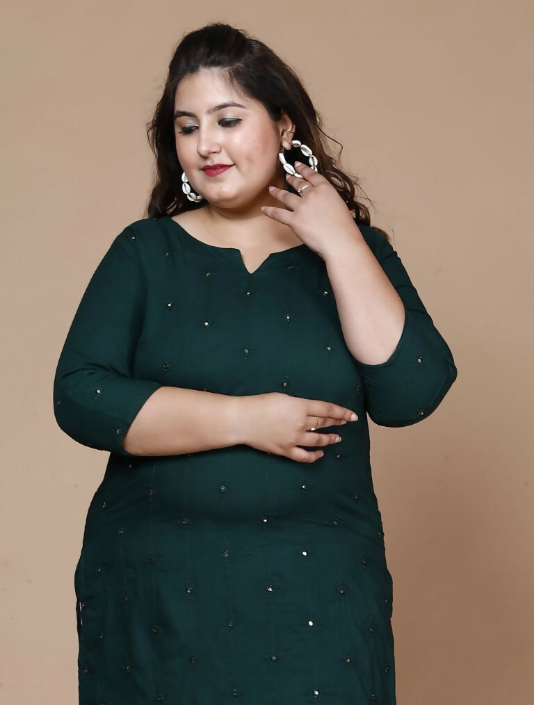 Miravan Women's Plus Size Green Embroidered Straight Kurti - Swadesiicart