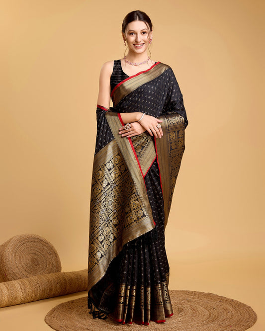 Vedant Vastram Soft Litchi Silk Banarasi Silk Saree - Black | Swadesiicart