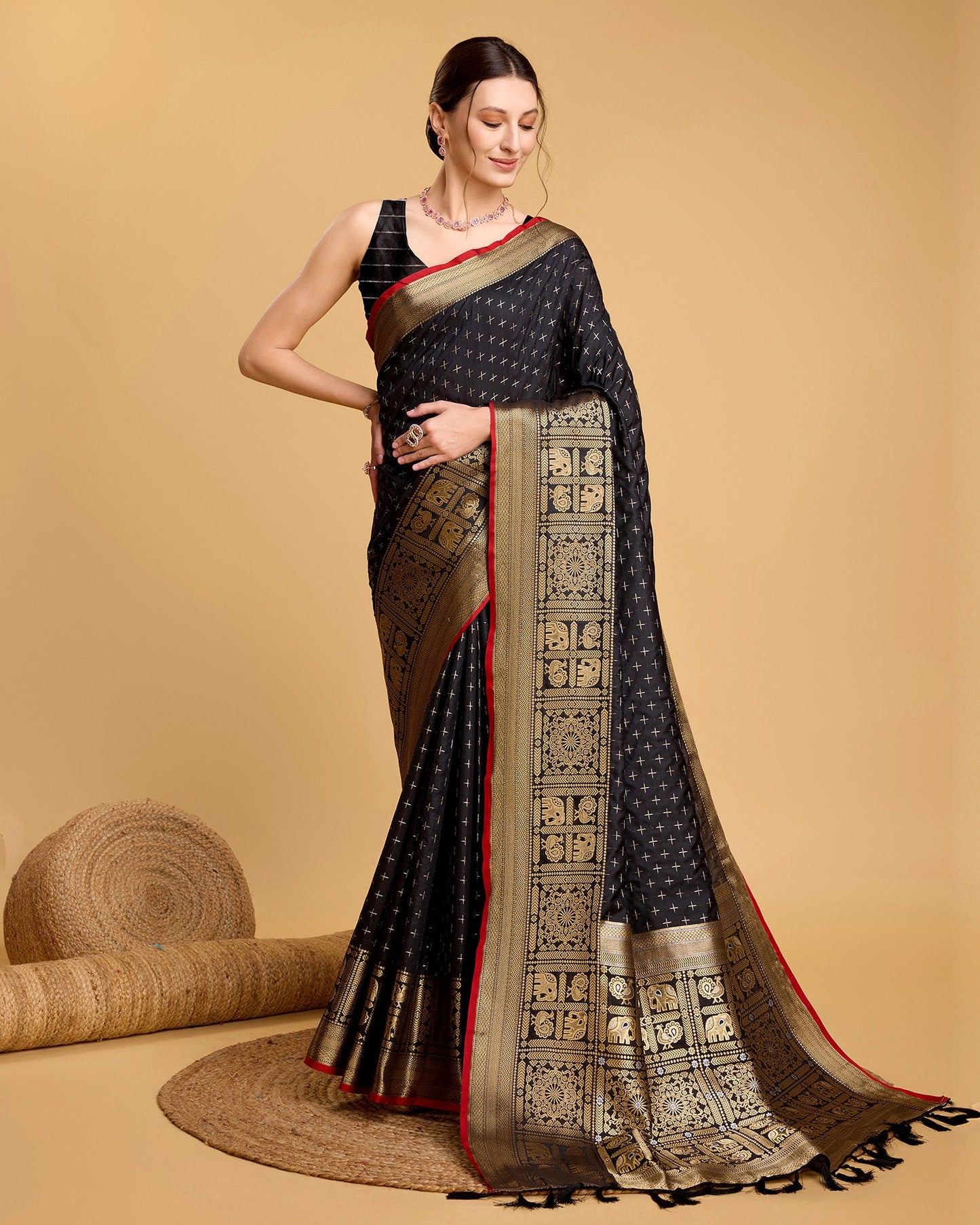 Vedant Vastram Soft Litchi Silk Banarasi Silk Saree - Black | Swadesiicart