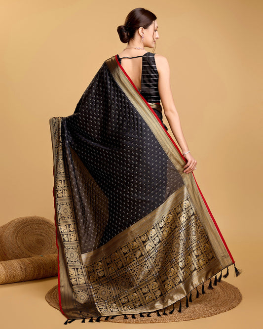 Vedant Vastram Soft Litchi Silk Banarasi Silk Saree - Black | Swadesiicart
