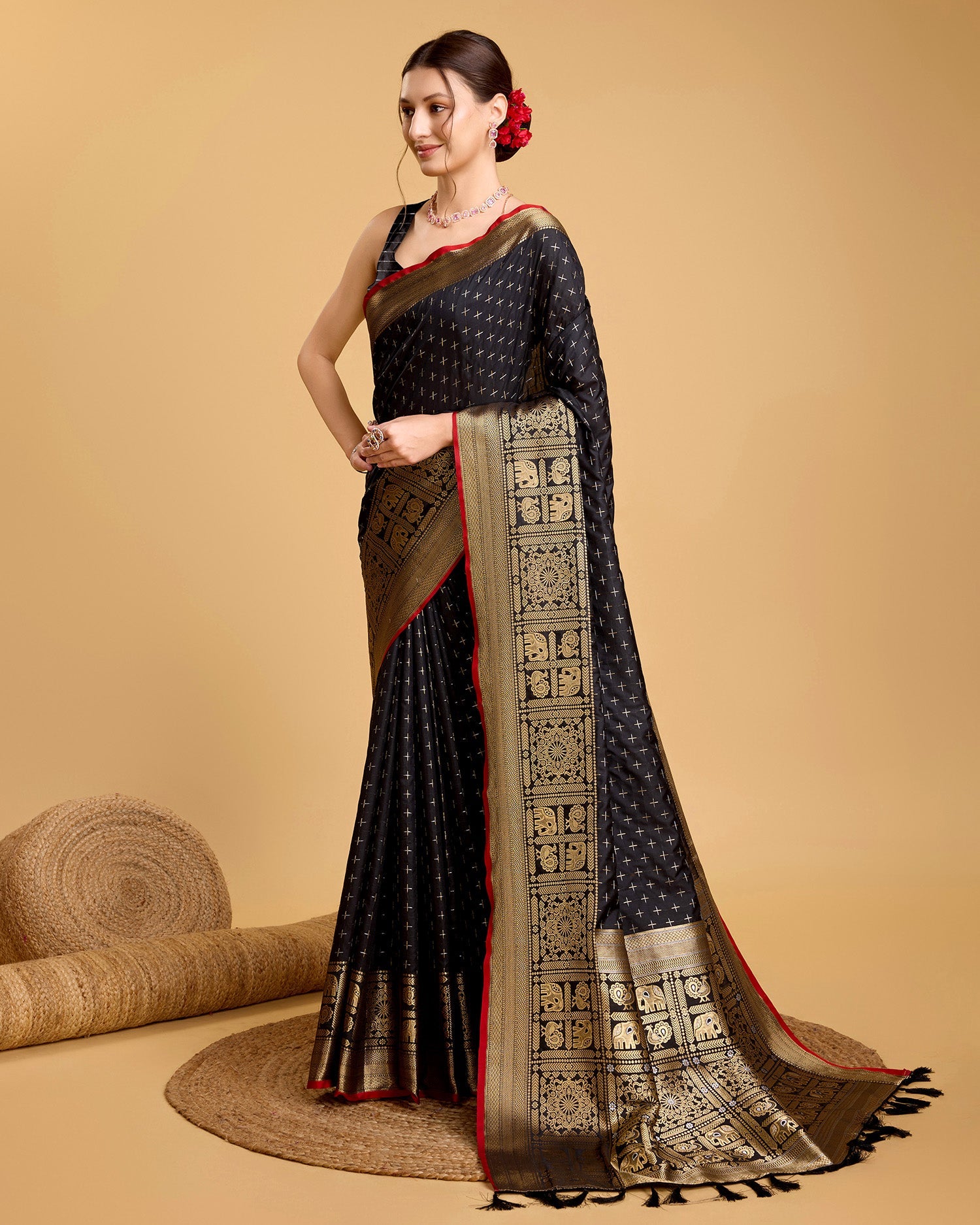 Vedant Vastram Soft Litchi Silk Banarasi Silk Saree - Black | Swadesiicart