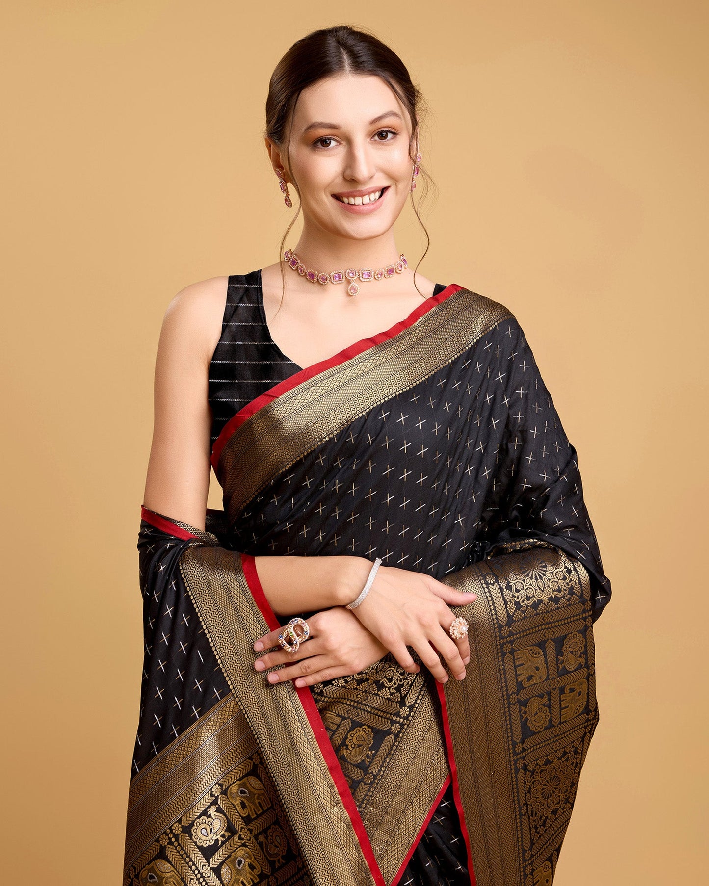 Vedant Vastram Soft Litchi Silk Banarasi Silk Saree - Black | Swadesiicart