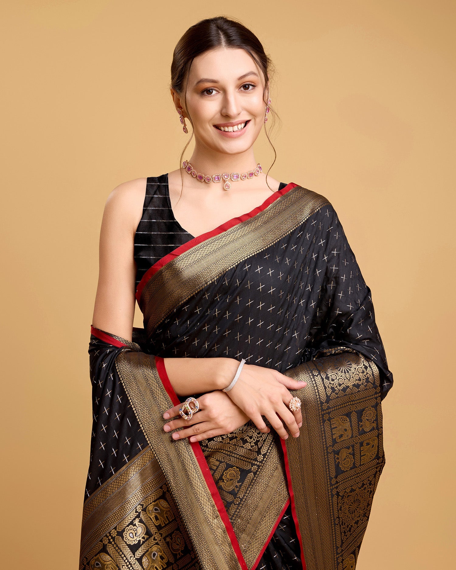 Vedant Vastram Soft Litchi Silk Banarasi Silk Saree - Black | Swadesiicart