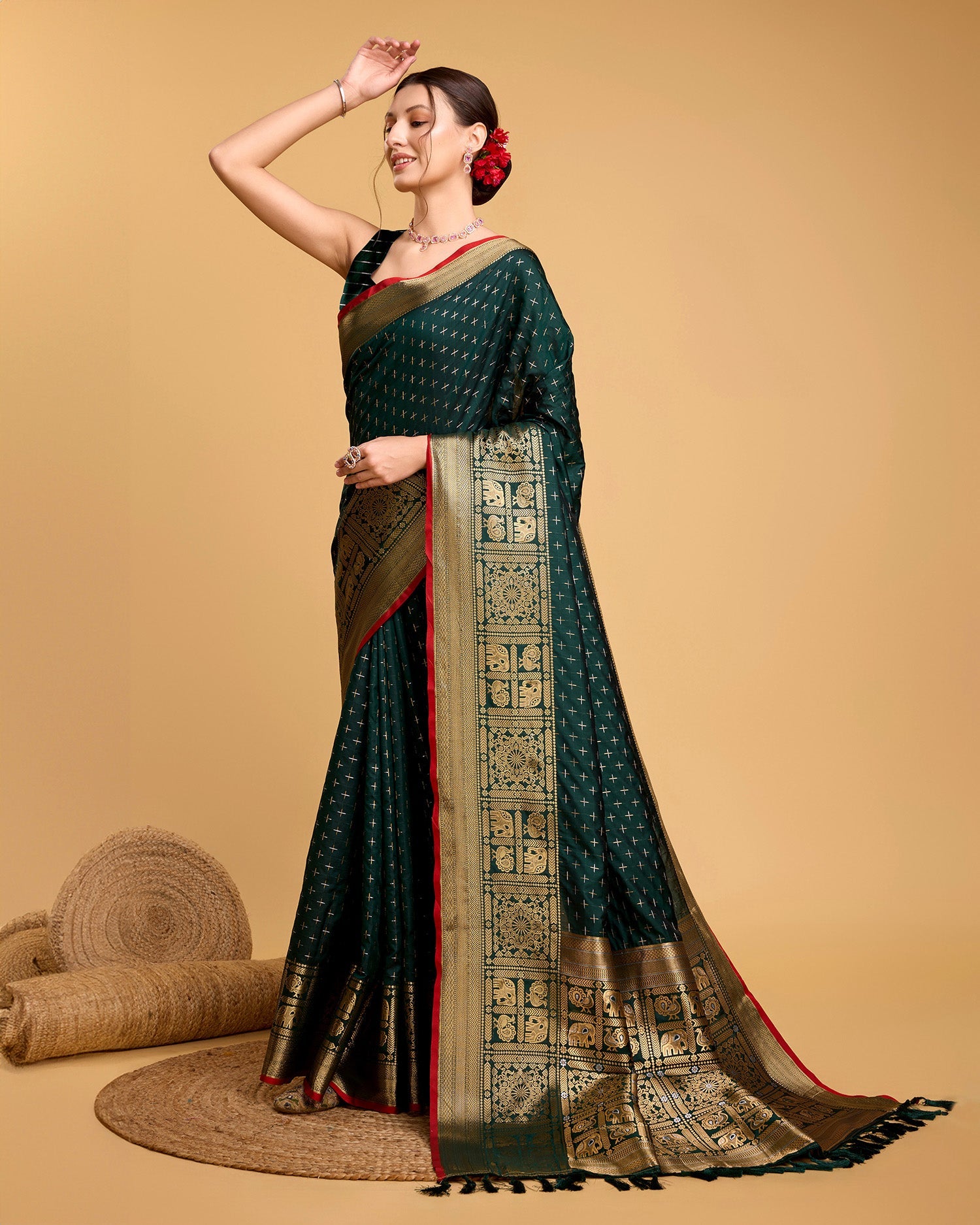 Vedant Vastram Soft Litchi Silk Banarasi Silk Saree - Green | Swadesiicart