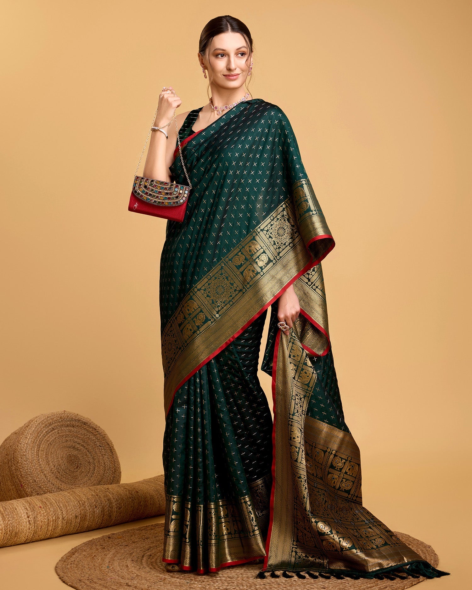 Vedant Vastram Soft Litchi Silk Banarasi Silk Saree - Green | Swadesiicart