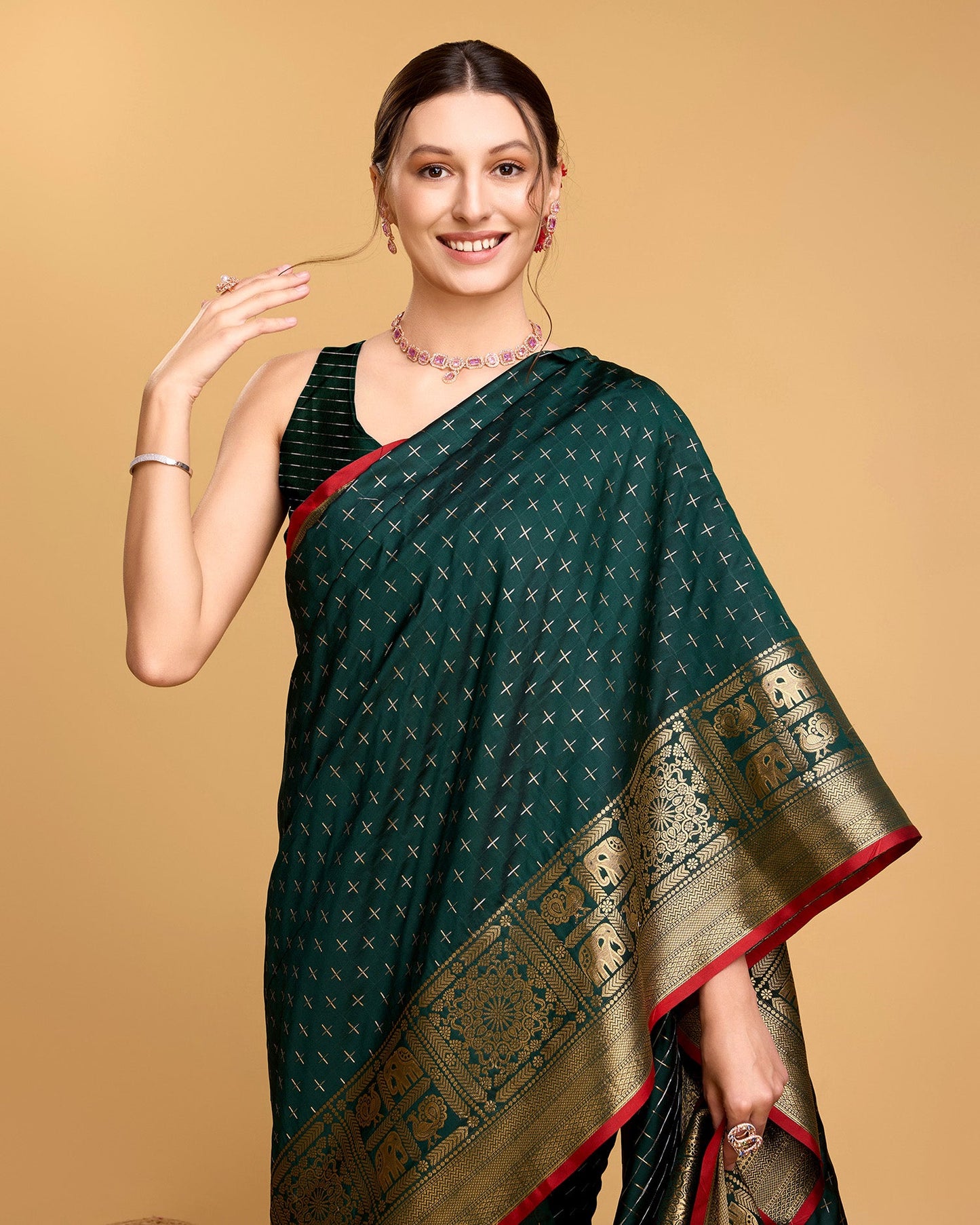 Vedant Vastram Soft Litchi Silk Banarasi Silk Saree - Green | Swadesiicart