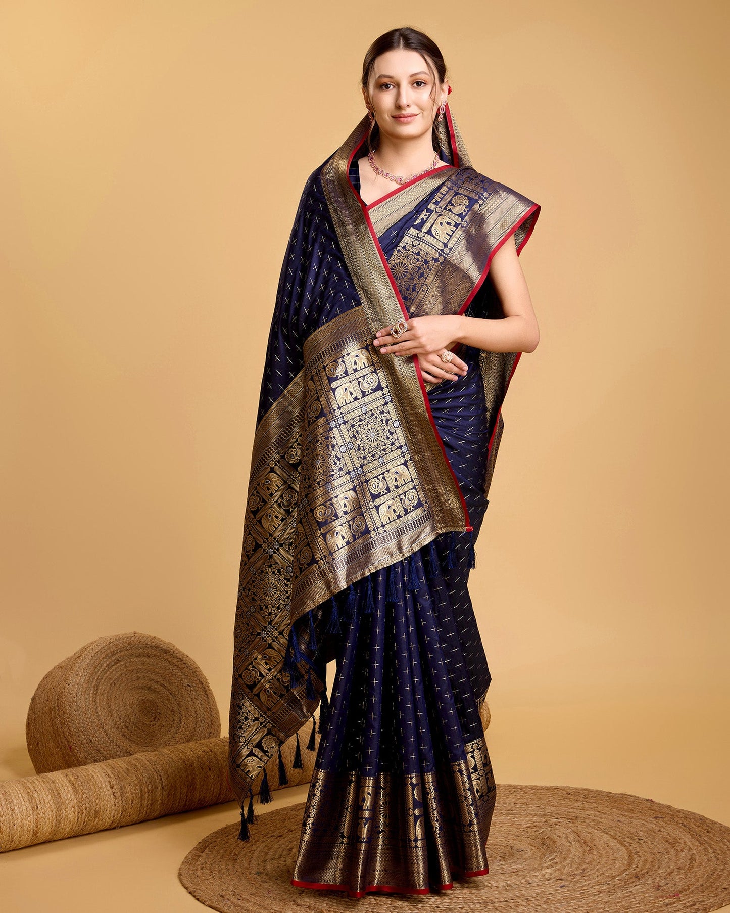 Vedant Vastram Soft Litchi Silk Banarasi Silk Saree - Navy | Swadesiicart