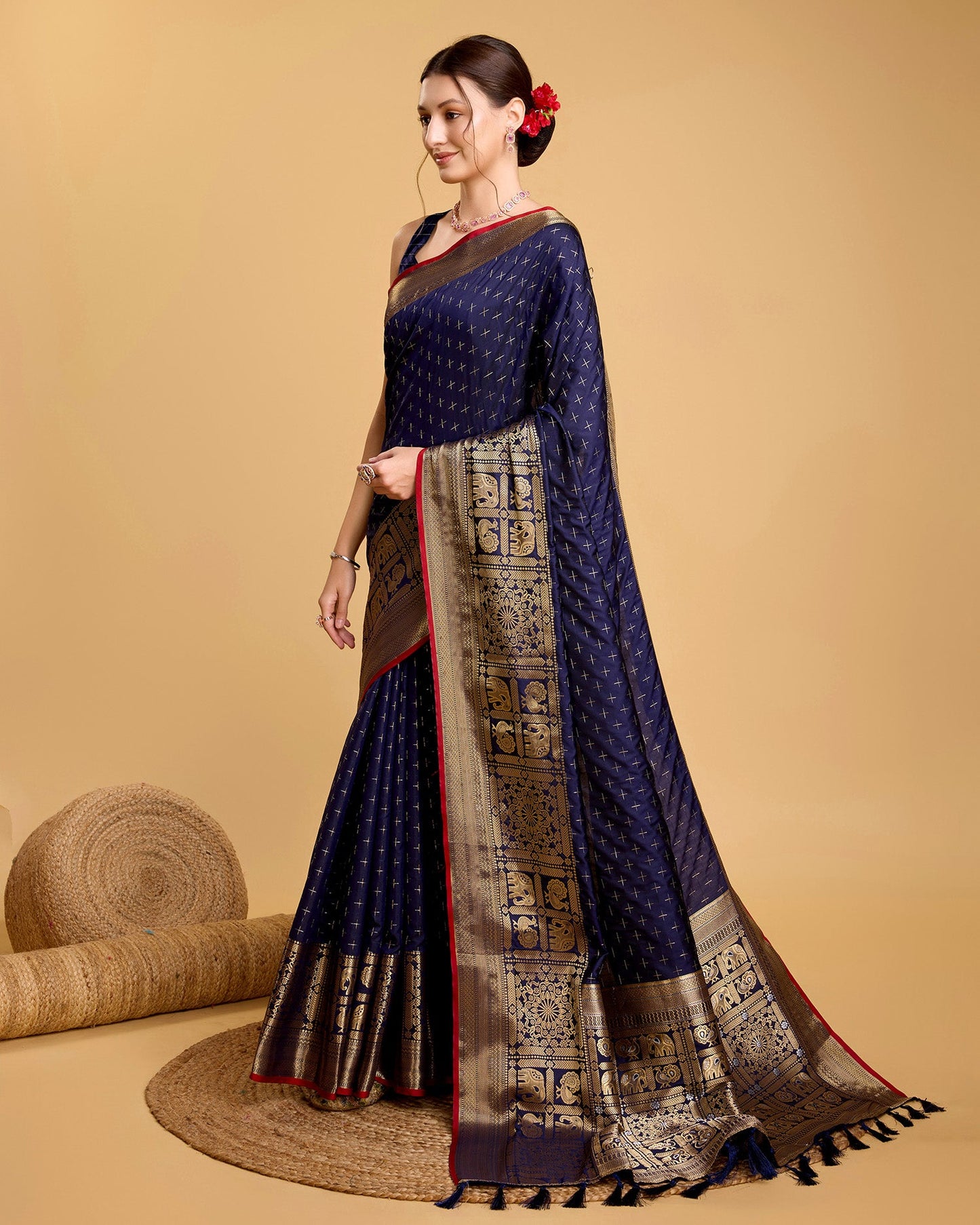 Vedant Vastram Soft Litchi Silk Banarasi Silk Saree - Navy | Swadesiicart