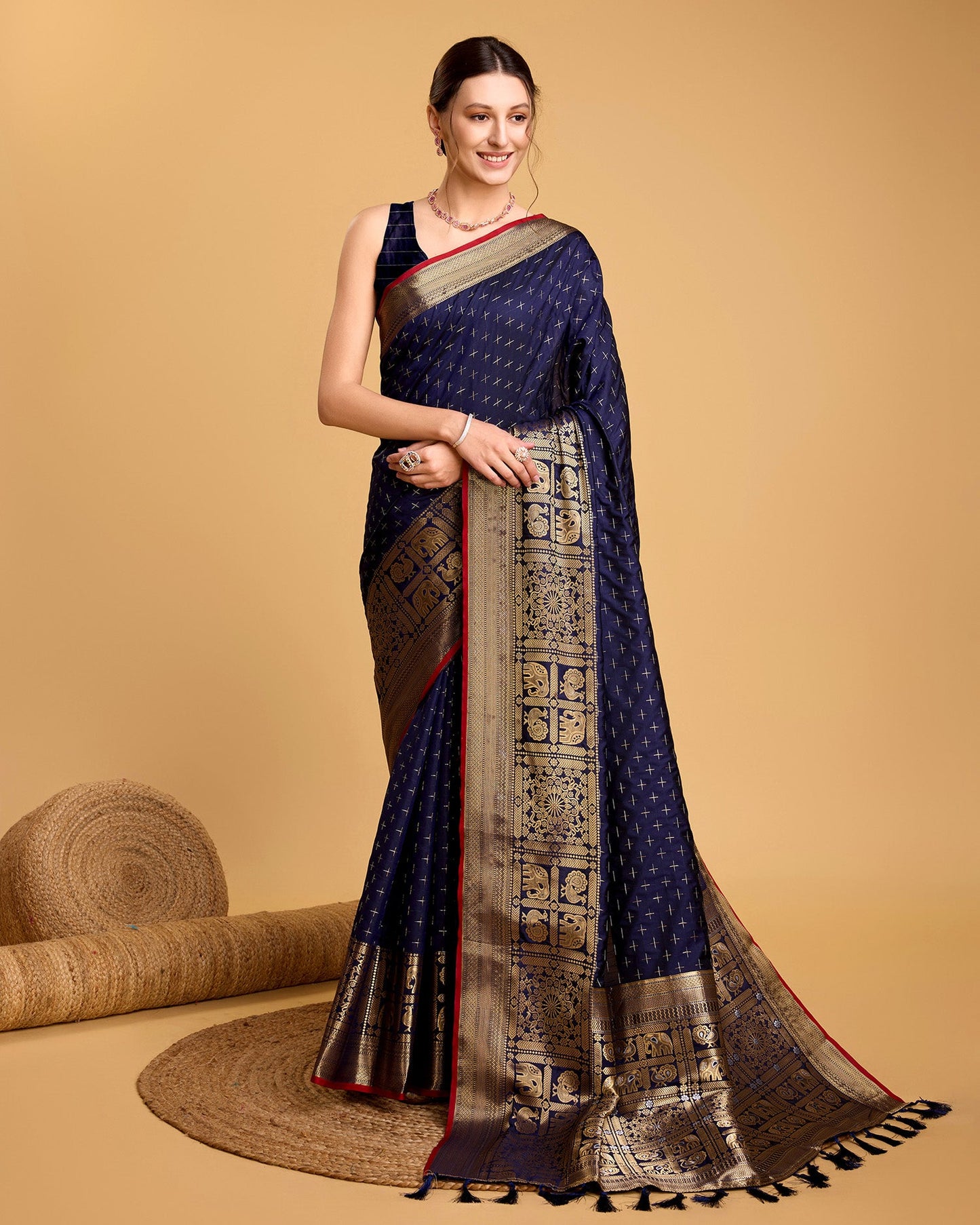 Vedant Vastram Soft Litchi Silk Banarasi Silk Saree - Navy | Swadesiicart