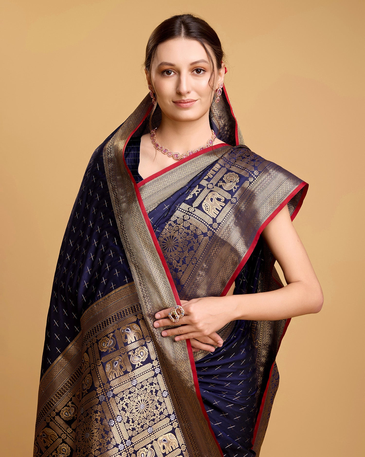 Vedant Vastram Soft Litchi Silk Banarasi Silk Saree - Navy | Swadesiicart
