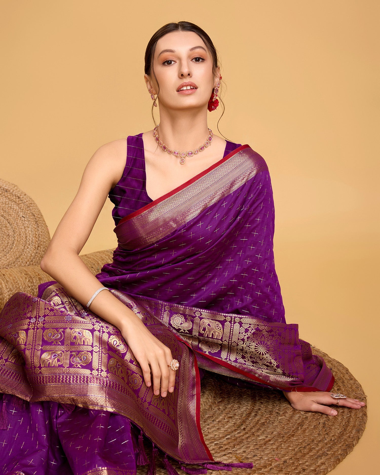 Vedant Vastram Soft Litchi Silk Banarasi Silk Saree - Purple | Swadesiicart