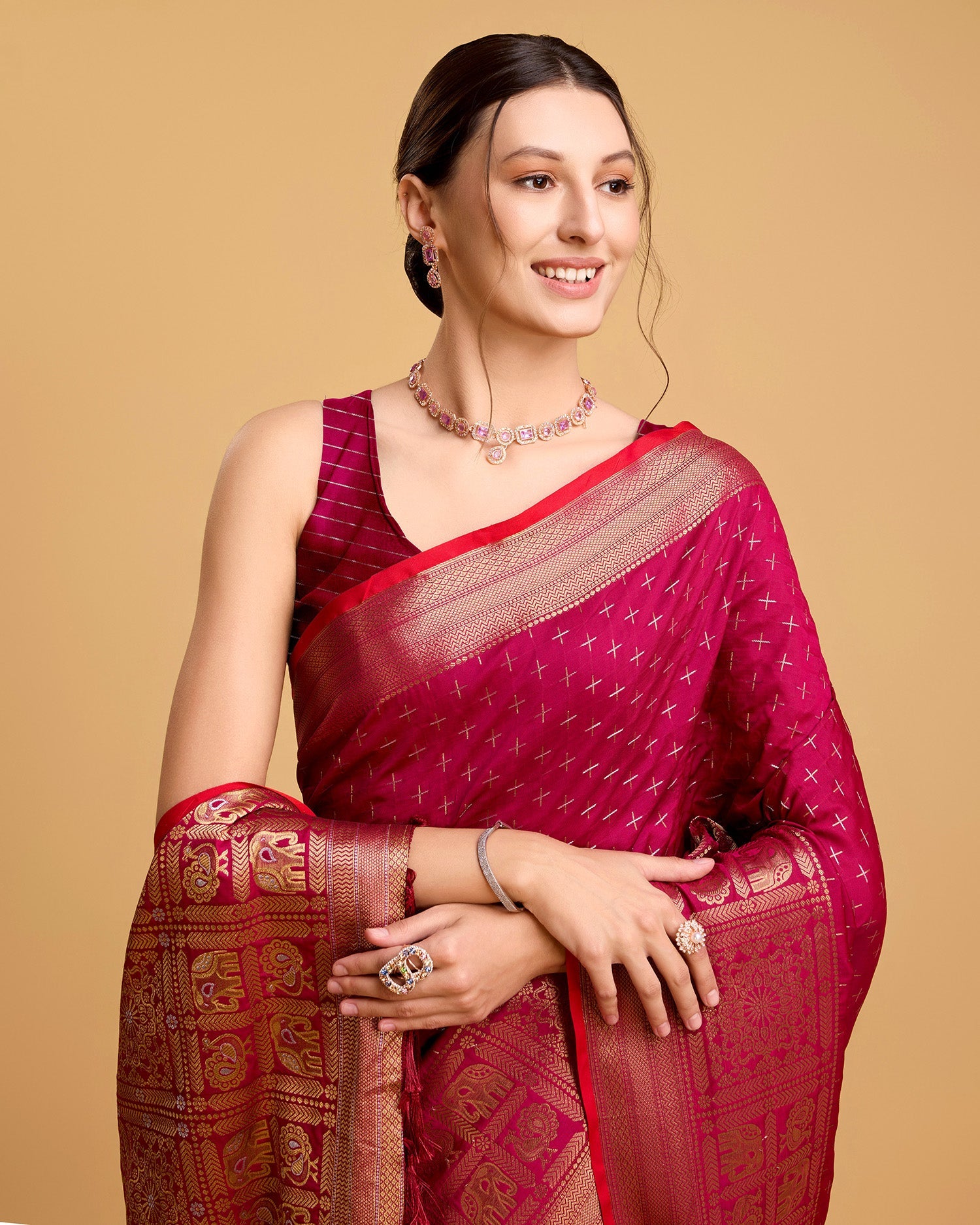Vedant Vastram Soft Litchi Silk Banarasi Silk Saree - Rani | Swadesiicart