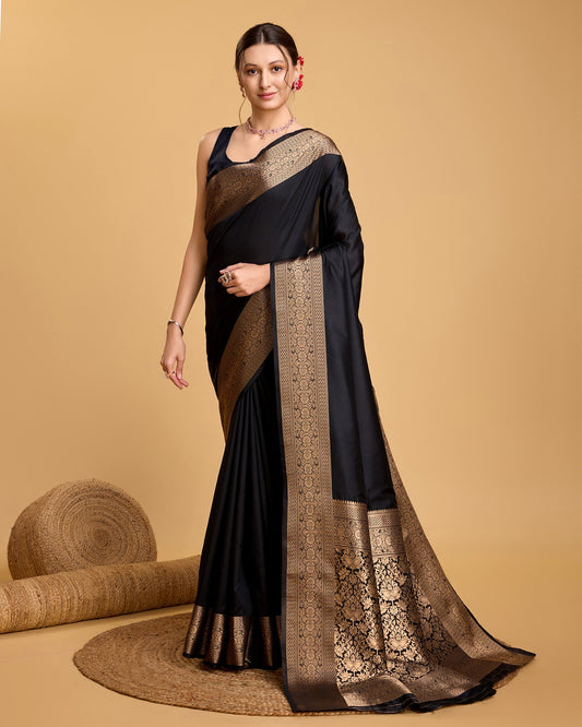 Vedant Vastram Soft Litchi Silk Banarasi Silk Saree - Black | Swadesiicart