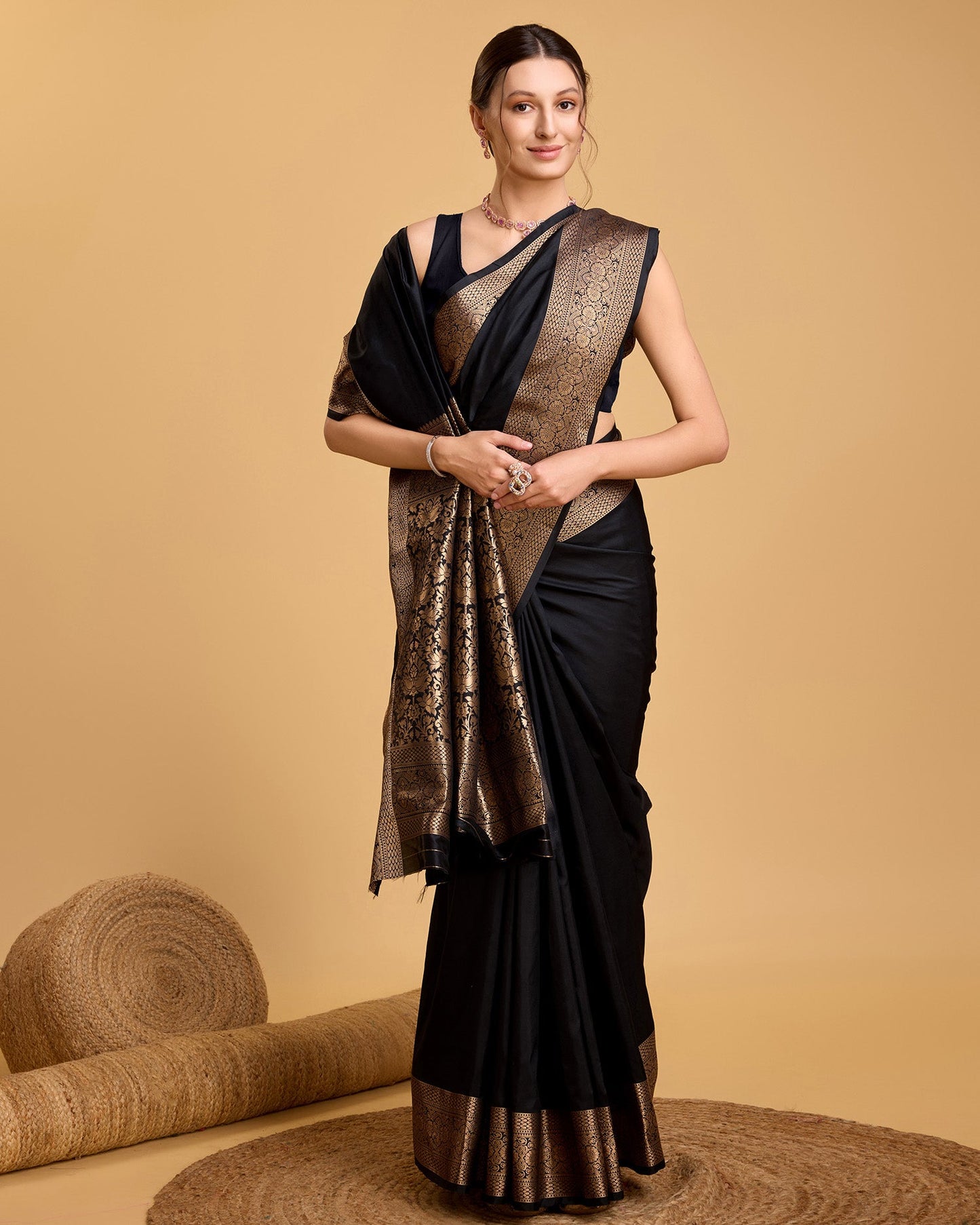 Vedant Vastram Soft Litchi Silk Banarasi Silk Saree - Black | Swadesiicart