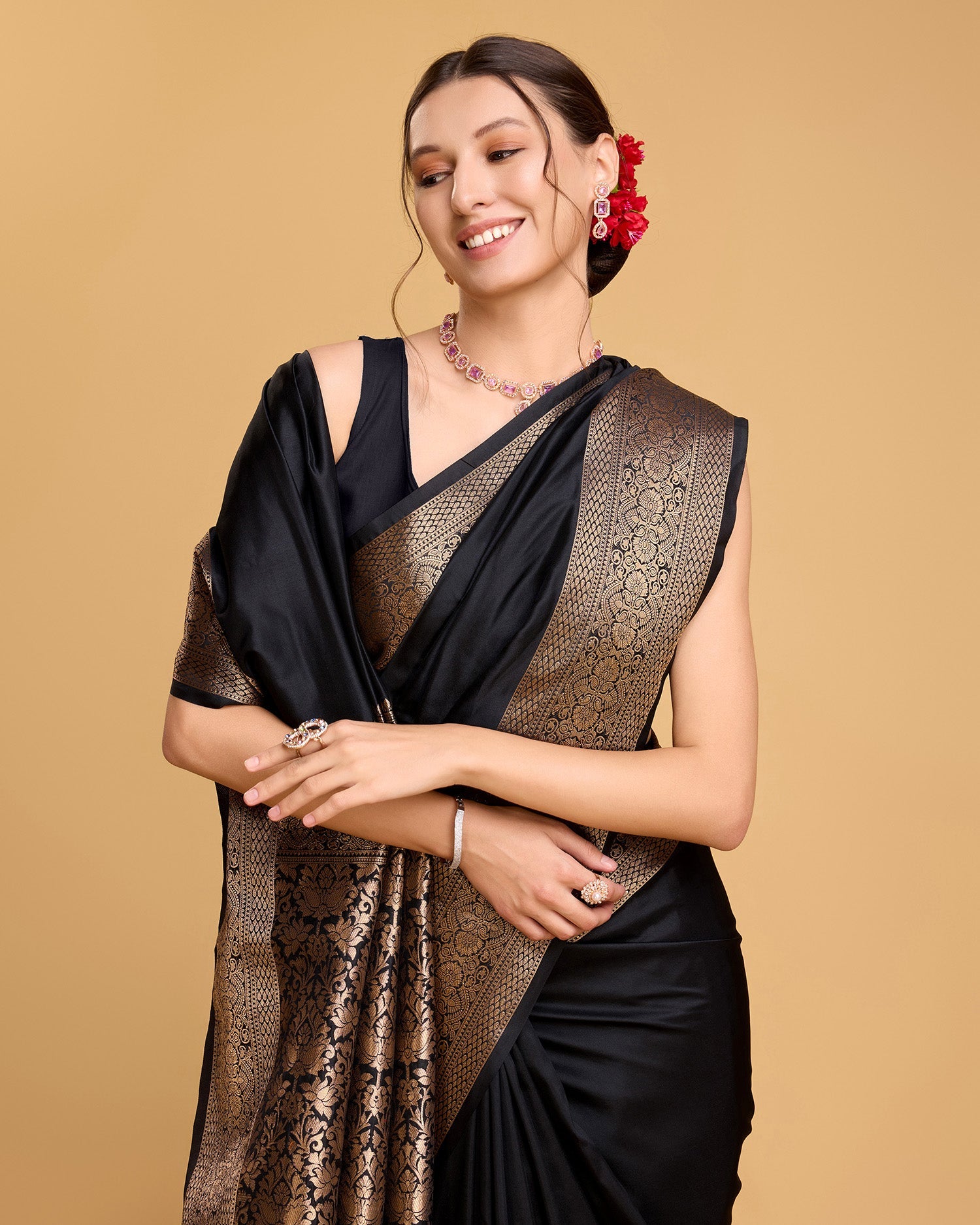 Vedant Vastram Soft Litchi Silk Banarasi Silk Saree - Black | Swadesiicart
