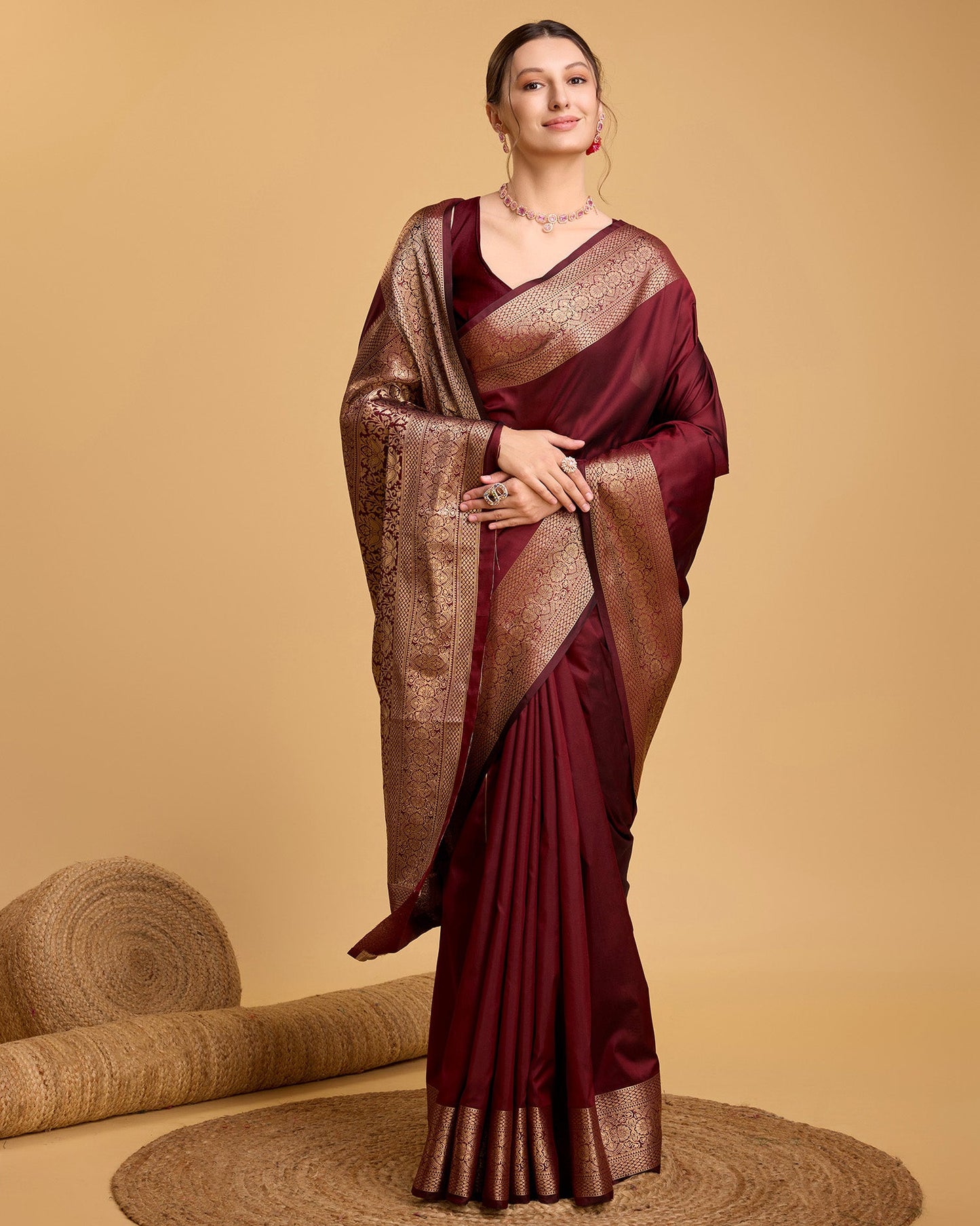 Vedant Vastram Soft Litchi Silk Banarasi Silk Saree - Maroon | Swadesiicart