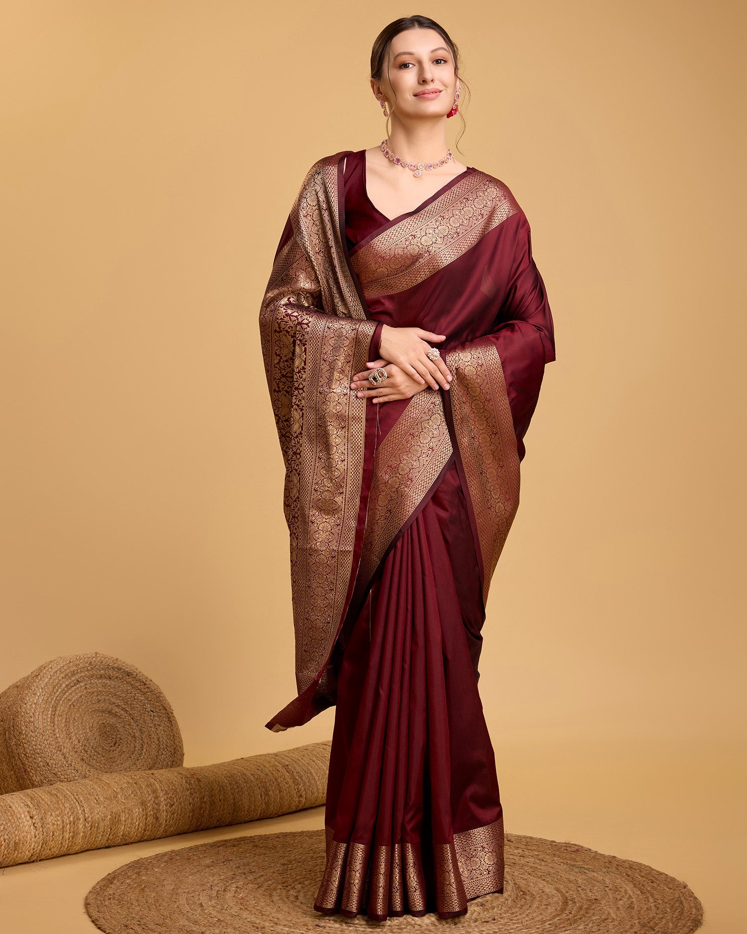 Vedant Vastram Soft Litchi Silk Banarasi Silk Saree - Maroon | Swadesiicart