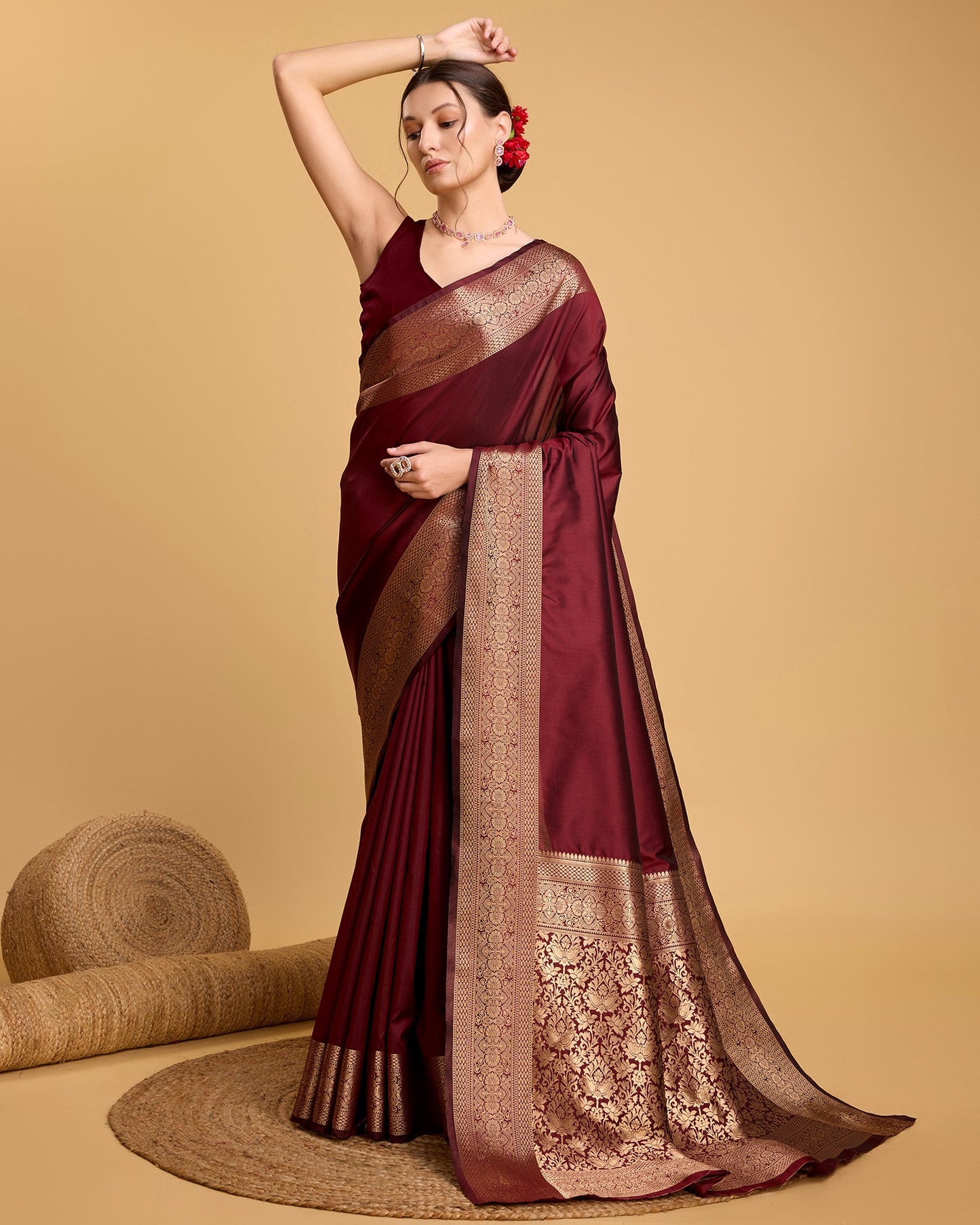 Vedant Vastram Soft Litchi Silk Banarasi Silk Saree - Maroon | Swadesiicart