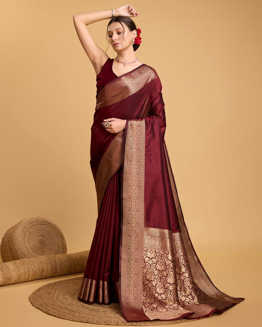 Vedant Vastram Soft Litchi Silk Banarasi Silk Saree - Maroon | Swadesiicart